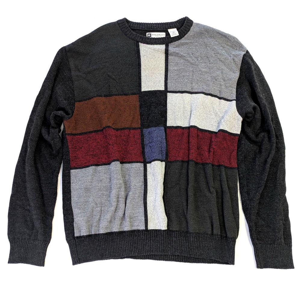 Bachrach Mens XL Wool Blend Colorblock Geometric Sweater Made in Italy Charcoal